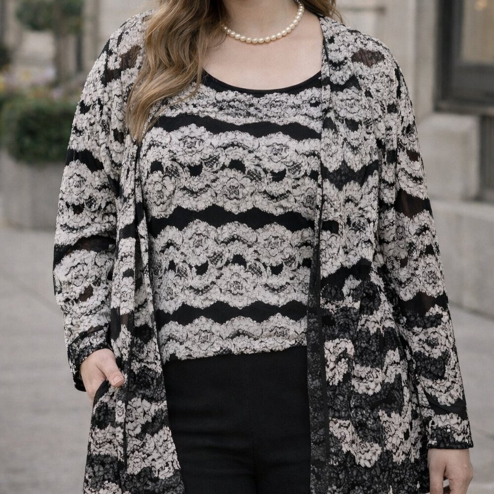 JS Boutique 2X Black & White Lace 2-Piece Set Tank & Cardigan Elegant Plus Size